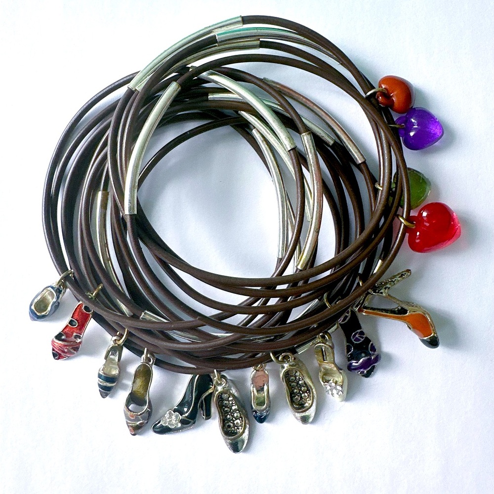 LOT of 15 Brown Cord Bracelets with 11 shoes & 4 hearts charms